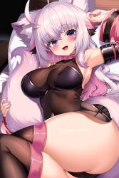 :d absurdres ahoge animal_ear_fluff animal_ears armpits ass bell_sleeves black_leotard black_thighhighs blush breasts cat_ears cat_girl choker colored_inner_hair commission detached_sleeves female fluffy_tail gold_necklace highres holding_own_tail huge_ass indie_virtual_youtuber indoors jewelry jun_(aousa0328) large_breasts leotard long_hair looking_at_viewer lying multicolored_hair nail_polish necklace oerba_yun_fang on_bed pink_choker pink_nails purple_eyes ring ring_necklace second-party_source see-through_clothes shiyuonline skeb_commission smile tail thick_thighs thigh_focus thighhighs thighs transparent_leotard white_hair