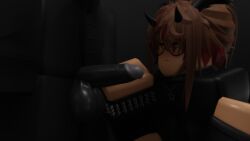 2boys 3d 3d_(artwork) balls brown_hair commission demon_horns femboy gay glasses handjob lau_(lauxdmn) lauxdmn male_only penis roblox robloxian self_upload simple_background tagme
