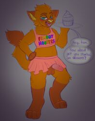 anthro balls bottomwear clothed clothing crop_top crossdressing cupcake digital_drawing_(artwork) digital_media_(artwork) domestic_cat fangs felid feline felis femboy femboy_hooters food freckles fur genitals green_eyes grin hand_on_hip hi_res holding_object humanoid_genitalia humanoid_penis looking_at_viewer male mammal markings open_mouth paws penis pink_bottomwear pink_clothing pink_crop_top pink_skirt plate raised_bottomwear raised_clothing raised_skirt shirt simple_background skirt smile smug solo teeth text topwear unizxbra vein yellow_nose