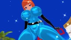 1boy 1girls 3d 3d_(artwork) ass beach big_ass big_breasts dancing danny_phantom female_focus latex_gloves latex_legwear latex_suit maddie_fenton madeline_fenton micro_bikini milf music navel nickelodeon nicktoons orange_hair palm_tree purple_eyes sound suit tagme tetramundo video