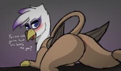 anus avian blush dialogue female feral genitals gilda_(mlp) gryphon hasbro hi_res looking_at_viewer my_little_pony mythological_avian mythology presenting pussy solo solo_focus sombird