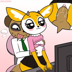 1:1 absurd_res aggressive_retsuko antelope anthro ass blush bodily_fluids bottomwear bovid breast_grab breasts chair chief_komiya clothed clothing computer desk duo female furniture gazelle genitals grope_from_behind half-closed_eyes hand_on_breast herpestid hi_res komiya male male/female mammal meerkat narrowed_eyes nipples office office_chair open_mouth penetration penis sanrio sataenart sex skirt smooth_fur spread_legs spreading sweat tsunoda vaginal_penetration