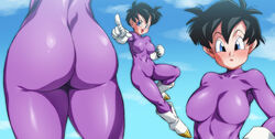 1girls ass big_ass big_breasts big_butt black_hair blue_eyes bodysuit breasts bubble_butt censor_bar censored dragon_ball dragon_ball_z female gloves huge_ass huge_breasts rom short_hair shounen_jump skin_tight skindentation thick_thighs thighs tight_clothing videl wide_hips