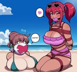 2girls alternate_version arms_behind_back ball_gag beach beach_background big_breasts bikini bondage bound breasts buried_in_sand female female_only femsub gag gagged gagged_speech horny_female huge_breasts jam-orbital layered_gag lily_(bondage_lily) multiple_females multiple_girls multiple_subs original red_hair rose_(jam-orbital) sand speech_bubble stuck stuck_in_floor summer sunglasses sunglasses_on_head tanline tied wink winking_at_viewer