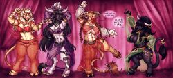 2_horns 3_fingers abs accessory animal_genitalia animal_penis anthro armlet balls belly_dancer belly_dancer_outfit big_balls big_breasts big_penis black_body black_fur black_hair blizzard_entertainment bovid bovine braided_pigtails breast_size_difference breasts bulge clothed clothing cloven_hooves dancing dialogue english_text equine_genitalia equine_penis erection female fingers fur furgonomics genitals group gynomorph hair harem_outfit hi_res hooves horn horn_jewelry huge_breasts innie_vulva intersex jewelry lineup mammal medial_ring midriff muscular muscular_anthro muscular_female penis ring scar skimpy skye3337 smile tail tail_accessory tail_jewelry tail_ring tail_tuft tan_body tan_fur tauren text translucent translucent_clothing tuft veil vulva warcraft white_hair world_of_warcraft x_scar