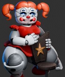 2026 3d 3d_(artwork) 3d_render animatronic animatronic_female baby_(fnafsl) big_breasts blue_eyes blue_eyeshadow chair circus_baby circus_baby_(fnaf) circus_baybee_(jordevoir) female five_nights_at_freddy's five_nights_at_freddy's:_sister_location jordevoir orange_hair pigtails red_cheeks red_dress robot robot_girl sitting solo thick_thighs wip