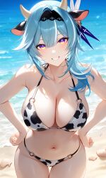 bikini blue hair bra cow ears print looking at viewer panties sexy body female pose yellow eyes eula_(genshin_impact) genshin_impact ai_generated