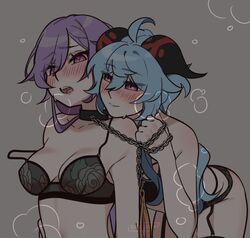 2girls adeptus blue_hair blush bra breasts calechichi chains collar dominant_female female female_only ganyu_(genshin_impact) genshin_impact horns keqing_(genshin_impact) lace leash leash_and_collar lesbian multiple_girls panties purple_eyes purple_hair qilin thick_thighs thighhighs thighs yuri