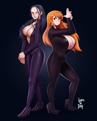 2girls big_breasts black_hair blue_eyes blush breasts curvy_figure female female_only human joylewds large_breasts latex_suit nami nico_robin one_piece orange_eyes orange_hair post-timeskip standing taikolum thick_thighs thighs