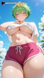 1girls 2025 ai_assisted ai_generated anime artist_name beach big_breasts blue_sky blush branch breasts bust busty cloud explicit green_hair hi_res high_quality high_resolution highres large_breasts mikadono_miwa mikadono_sanshimai_wa_angai_choroi navel outdoors patreon patreon_username shorts sky skypassion solo stable_diffusion sweat underboob watermark yellow_eyes