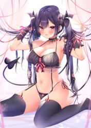 1girls ayuma_sayu black_hair bra choker demon demon_girl demon_tail demon_wings lace lingerie midriff navel original original_character panties pink_eyes purple_eyes purple_hair thick_thighs thigh_highs thighs twintails