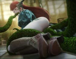 1girls 3d airtight all_three_filled anal anal_sex au_ra boots double_penetration dress dress_up fellatio final_fantasy final_fantasy_xiv glasses greenbean_nsfw halmarut long_hair pale-skinned_female pale_skin partially_clothed red_hair tentacle tentacle_sex vaginal_penetration vine_tentacles vines