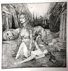 1girls bizarre canine_penis fingering fingering_self half_animal holding_penis horror human_faced_feral kerbcrawlergho1 monster monster_on_female nude_female ruins tagme