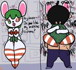 2020 animal_crossing bree_(animal_crossing) curvy human_on_anthro implied_kiss implied_penetration implied_sex klutzatdusk male_human/female_anthro male_on_anthro nintendo sex shortstack skimpy sound_effects spoken_heart stand_and_carry_position standing_sex stockings unseen_male_face villager_(animal_crossing) wrapped_breasts