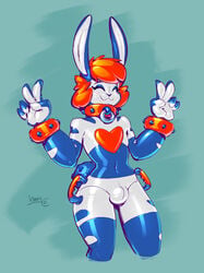 anthro blue_body collar hair handles_on_hips kimmycat lagomorph leporid living_latex male mammal nude null_bulge orange_hair rabbit solo white_body