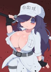 big_breasts blush cells_at_work chibi cosplay hataraku_saibou hex_maniac huge_breasts long_hair makino_nono no_bra pokemon purple_eyes purple_hair spiral_eyes tagme white_blood_cell_(hataraku_saibou)