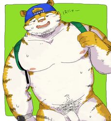 2021 anthro backpack balls blush bodily_fluids clothing felid flaccid genitals hat headgear headwear hi_res humanoid_genitalia humanoid_hands humanoid_penis kemono male mammal musclegut nipples och5 pantherine penis pubes solo sweat tiger white_body