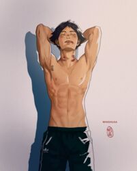 1boy ? abs adonis_belt artist_name artist_signature black_hair bruises chest_tattoo chinese_text erect_nipples green_eyes hands_behind_head hazel_eyes idk_the_eye_color_lol male_only minghuaa pecs shadow shirtless sweatpants tongue_out topless