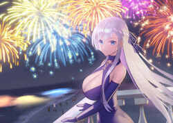 answering_(answering01) azur_lane belfast_(azur_lane) belfast_(the_noble_attendant)_(azur_lane) blue_eyes cleavage dress female female_only fireworks hair_ornament huge_breasts light-skinned_female light_skin long_hair looking_at_viewer night outdoor royal_navy_(azur_lane) sky smiling solo tight_clothes white_hair