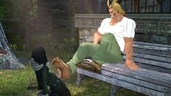 2boys all_might bench big_feet bigsunsfm black_hair blonde_hair clothed clothes feet foot_fetish footjob gay male_only mature_male my_hero_academia outdoors penis sandal sandals shouta_aizawa size_difference soles tagme toes toshinori_yagi yaoi