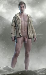 1boy 3d abs artist_signature blonde_hair bottomless casual circumcised ethan_winters firearm flaccid_penis gun holding_weapon huge_cock human jacket looking_at_viewer male male_only nude nude_male open_jacket outdoors outerwear outside partially_clothed pecs pubic_hair ranged_weapon realistic resident_evil resident_evil_8:_village snow snowing solo solo_male sthenhx twitter_username useless_clothing weapon white_male