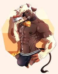 1boy abs beefy big_bulge blue_eyes bulge cloud_meadow cow_boy cow_ears cow_horns cow_print cow_tail cowbell cum cum_in_mouth cum_on_abs cum_on_body cum_on_face cum_on_pectorals cum_on_tongue cum_on_upper_body dark-skinned_male dark_skin drooling holstaurus horns lake_side_nsfw looking_at_viewer male male_focus male_only milk milk_bottle muscles muscular_male narrowed_eyes penis_bulge smiling smiling_at_viewer solo solo_male spilled_milk tail underwear upper_body very_high_resolution white_hair