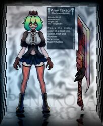 amy_takagi crown gloves green_hair orange_eyes reference reference_image skirt stockings sword