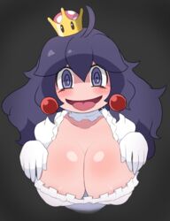 big_breasts blush boosette boosette_(cosplay) breasts chibi cleavage cosplay earrings hex_maniac long_hair looking_at_viewer makino_nono mario_(series) new_super_mario_bros._u_deluxe pokemon purple_eyes purple_hair spiral_eyes super_crown tongue_out