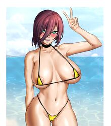 1girls 79310no beach big_breasts bikini black_hair blush breasts chainsaw_man choker cleavage colored eye_contact female female_only green_hair kaf3art large_breasts looking_at_viewer micro_bikini peace_sign revealing_clothes reze_(chainsaw_man) skimpy_clothes solo standing thick_thighs thighs