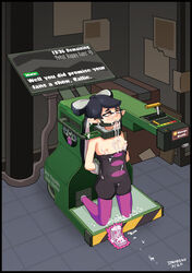 1girls after_rape after_sex bondage bound breasts callie_(splatoon) crying crying_with_eyes_open cum cum_in_mouth cum_on_breasts forced_oral helpless highres inkhaiku inkling inkling_girl machine nintendo nipples public_use rape restrained shirt_pull small_breasts splatoon tears