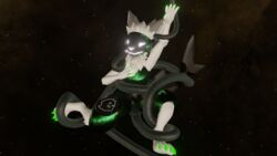 16:9 1nar 3d 3d_(artwork) animated anthro black_body black_fur black_tentacles blue_eyes claws cyborg digital_media_(artwork) fluffy fluffy_ears fur gif hi_res male metal neck_tuft protogen robot shark_tail short_playtime solo space tentacle tuft white_body white_fur widescreen