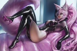 1girls animal_ears animal_tail armwear ass bodysuit breasts busty child_bearing_hips curvaceous curvy fate/grand_order fate_(series) female female_focus female_only fox_ears fox_girl fox_tail hair_ornament high_heels hourglass_figure huge_ass huge_breasts koyanskaya koyanskaya_(assassin) koyanskaya_(assassin_first_ascension) koyanskaya_(fate) long_hair looking_at_viewer lying lying_on_back pink_fur pink_hair pink_tail realistic relaxing seductive seductive_smile smile smiling_at_viewer solo solo_female thick thick_ass thick_thighs thighhigh_boots toned toned_female wide_hips window yonpii