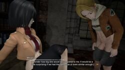 2futas 3d 3d_(artwork) annie_leonhardt attack_on_titan bedroom black_hair blonde_hair blue_eyes comic cropped_hoodie cropped_jacket dialogue futa_only futa_with_futa futanari huge_cock laying_on_bed midriff mikasa_ackerman pants_down pants_pulled_down penis red_scarf scarf shingeki_no_kyojin stalkek text tied_hair undressing