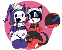 <3_eyes anal anal_fingering anthro atlus black_body clothed clothing crossdressing domestic_cat duo felid feline felis fingering genitals girly heart humanoid jack_frost_(megami_tensei) legwear maid_headdress male mammal megami_tenseirnvono morgana_(persona) vono