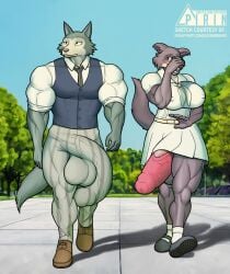 1boy 1futa anthro balls balls_outline beastars big_balls big_breasts big_muscles big_penis blush bottomwear breasts bulge canid canine canis clothed clothing covering covering_face detailed_bulge duo embarrassed erection_under_skirt flaccid footwear fur futa futanari genital_outline genitals gynomorph hi_res huge_balls huge_cock humanoid_genitalia humanoid_penis hyper hyper_genitalia hyper_penis intersex juno_(beastars) legoshi_(beastars) looking_at_another looking_away male mammal muscular muscular_anthro muscular_gynomorph muscular_intersex muscular_male necktie nipple_outline nipples penis penis_outline pirin-apex school_uniform shy skirt smile topwear underwear uniform vest wolf