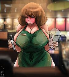 apron big_ass big_breasts breasts clerk iced_latte_with_breast_milk meme milk oc starbucks