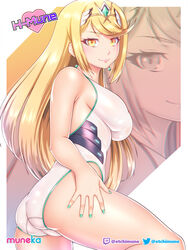 big_breasts blonde_hair colored_nails etchimune hair_ornament hand_on_hip latex long_hair looking_at_viewer looking_back_at_viewer mythra nintendo posing sideboob smiling_at_viewer swimsuit xenoblade_(series) xenoblade_chronicles_2