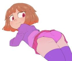 bete_noire brown_hair glitchtale hua leggings legwear looking_back nude oerba_yun_fang panties pink_eyes pink_panties skirt sweater teasing undertale upskirt