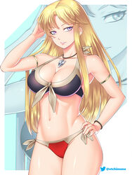 1girls alternate_costume bikini blonde_hair blue_eyes breasts clarisse_(fire_emblem) cleavage commission commission_art etchimune fire_emblem fire_emblem:_new_mystery_of_the_emblem hand_on_hair hand_on_hip large_breasts long_hair looking_at_viewer nintendo very_long_hair