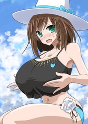 1girls blush brown_hair charlotte_corday_(fate) fate/grand_order fate_(series) green_eyes huge_breasts large_breasts oro_(zetsubou_girl) short_hair solo swimsuit tagme