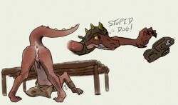 after_sex anthro ass_up belt bodily_fluids cum drakue_(artist) frustration genital_fluids hi_res humanoid jack-o'_pose kobold lying pose reaching red_dragon_inn solo under_the_table wrench_(red_dragon_inn)