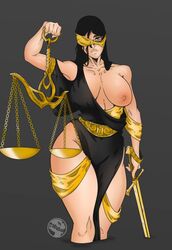 1girls balance_scale big_breasts black_dress black_hair blindfold blindfold_removed clothed corrupted female female_focus female_only gold gold_eyes lady_justice public_domain sword thick_thighs zarietu