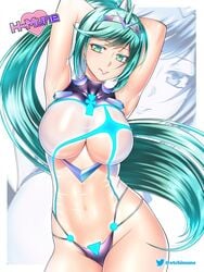 belly_button big_breasts etchimune green_hair hair_ornament hands_behind_head latex long_hair looking_at_viewer nintendo pneuma ponytail posing smiling_at_viewer swimsuit transparent_clothing underboob xenoblade_(series) xenoblade_chronicles_2