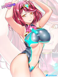 1girls armpits belly_button big_breasts etchimune hair_ornament hands_on_head latex looking_at_viewer nintendo posing pyra red_hair short_hair smiling_at_viewer swimsuit underboob xenoblade_(series) xenoblade_chronicles_2