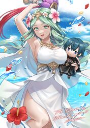 1boy 1girls absurdres armor bangs bikini blue_eyes blue_hair breasts byleth_(fire_emblem) byleth_(fire_emblem)_(male) cape chibi cleavage closed_mouth commission dress dress_swimsuit female fire_emblem fire_emblem:_three_houses fire_emblem_heroes flower gloves green_eyes green_hair hair_flower hair_ornament highres holding iria_(yumeirokingyo) large_breasts long_hair navel nintendo official_alternate_costume open_mouth rhea_(fire_emblem) rhea_(summer)_(fire_emblem) see-through short_hair sideboob smile swimsuit thank_you third-party_source tiara white_bikini white_swimsuit