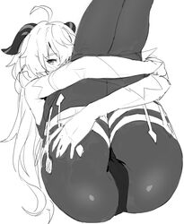 ass ass_focus black_legwear blush ganyu_(genshin_impact) genshin_impact horns kamu_(kamuuei) kamuuei looking_at_viewer monochrome pantyhose sketch