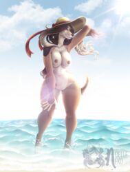 2021 5_fingers anthro areola barely_visible_genitalia barely_visible_pussy beach big_breasts black_nose blue_sky breasts breeze brown_hair canid canine canis casual_nudity clothing cloud day domestic_dog female fingers fur genitals hair hand_behind_head hand_on_leg hand_on_own_leg hand_on_own_thigh hand_on_thigh hat hat_only headgear headgear_only headwear headwear_only hi_res humanoid_hands lens_flare long_hair mammal mostly_nude navel nipples noelleneko nude pink_areola pink_nipples pussy sea seaside shaded signature sky smile soft_shading solo standing sun sun_hat tan_body tan_fur water wave wind