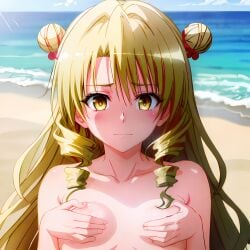 ai_generated beach blush breasts covered_nipples hentai_world long_hair sea seaside tenjouin_saki to_love-ru to_love-ru_darkness topless