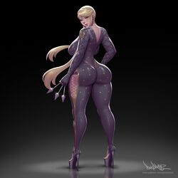 1girls ass big_ass blonde_hair bubble_butt clothing female female_only high_heels jumpsuit kasuga large_breasts looking_at_viewer looking_back open_toe_shoes pinkdrawz platform_heels sengoku_basara skin_tight stiletto_heels thick_thighs wide_hips