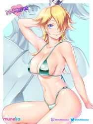 bikini blonde_hair crown earrings etchimune hand_behind_head looking_at_viewer mario_(series) posing princess_rosalina smiling smiling_at_viewer super_mario_galaxy